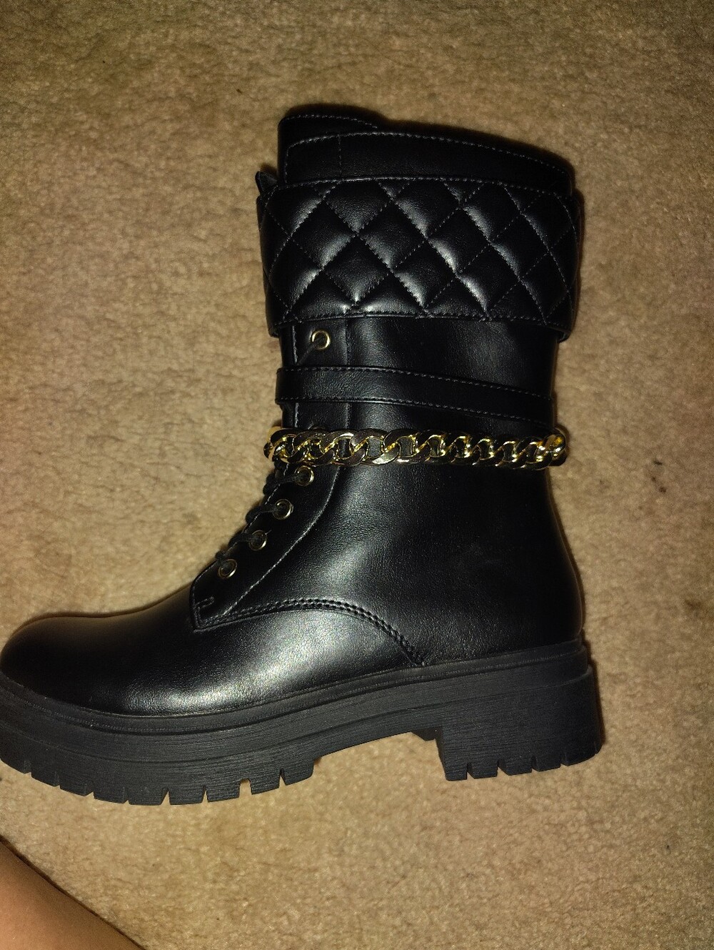 Quilted Shaft Black Combat Boots with Gold Chain